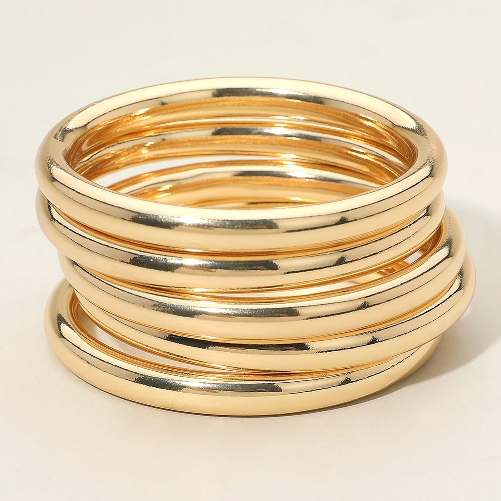 Gold Round 5 Piece Stack Polished Metal Bangle Bracelets Set Layered Jewelry